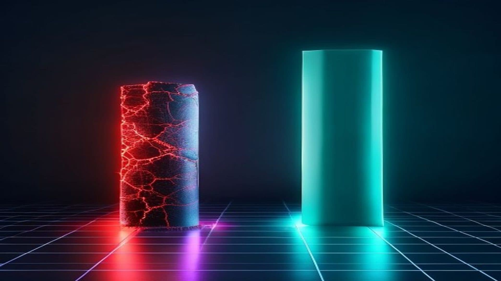 Two abstract glowing pillars on a dark grid illustrating Bolt.new vs hiring a developer cost comparison 2026