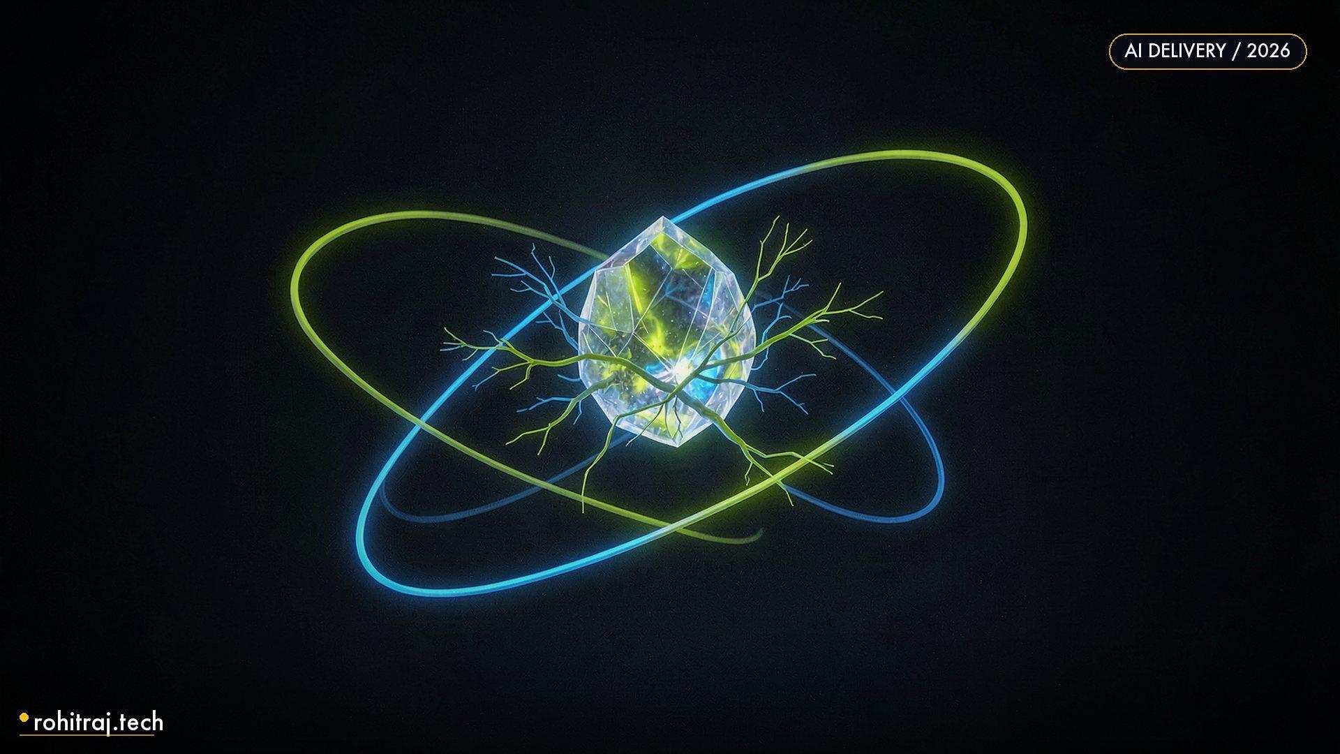 Luminous orbital rings around a crystal illustrating freelance AI engineer project scope