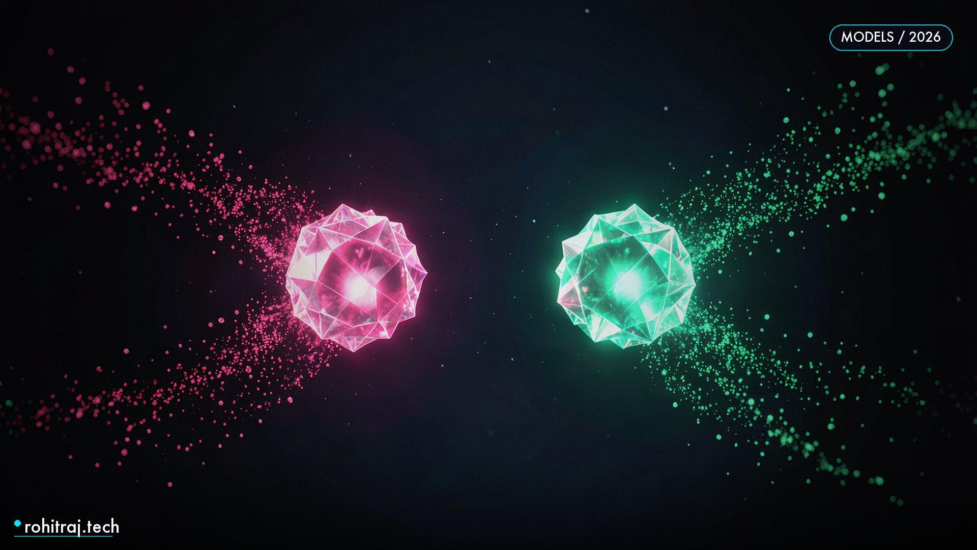 two equal glowing crystalline cores with diverging particle paths illustrating gpt 6.1 sol vs claude sonnet 5.5