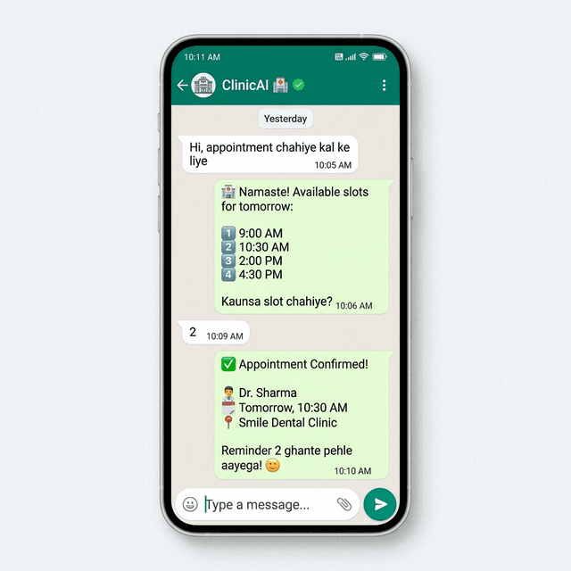 ClinicAI — WhatsApp AI Clinic Assistant - WhatsApp Booking Flow — Hinglish Conversation