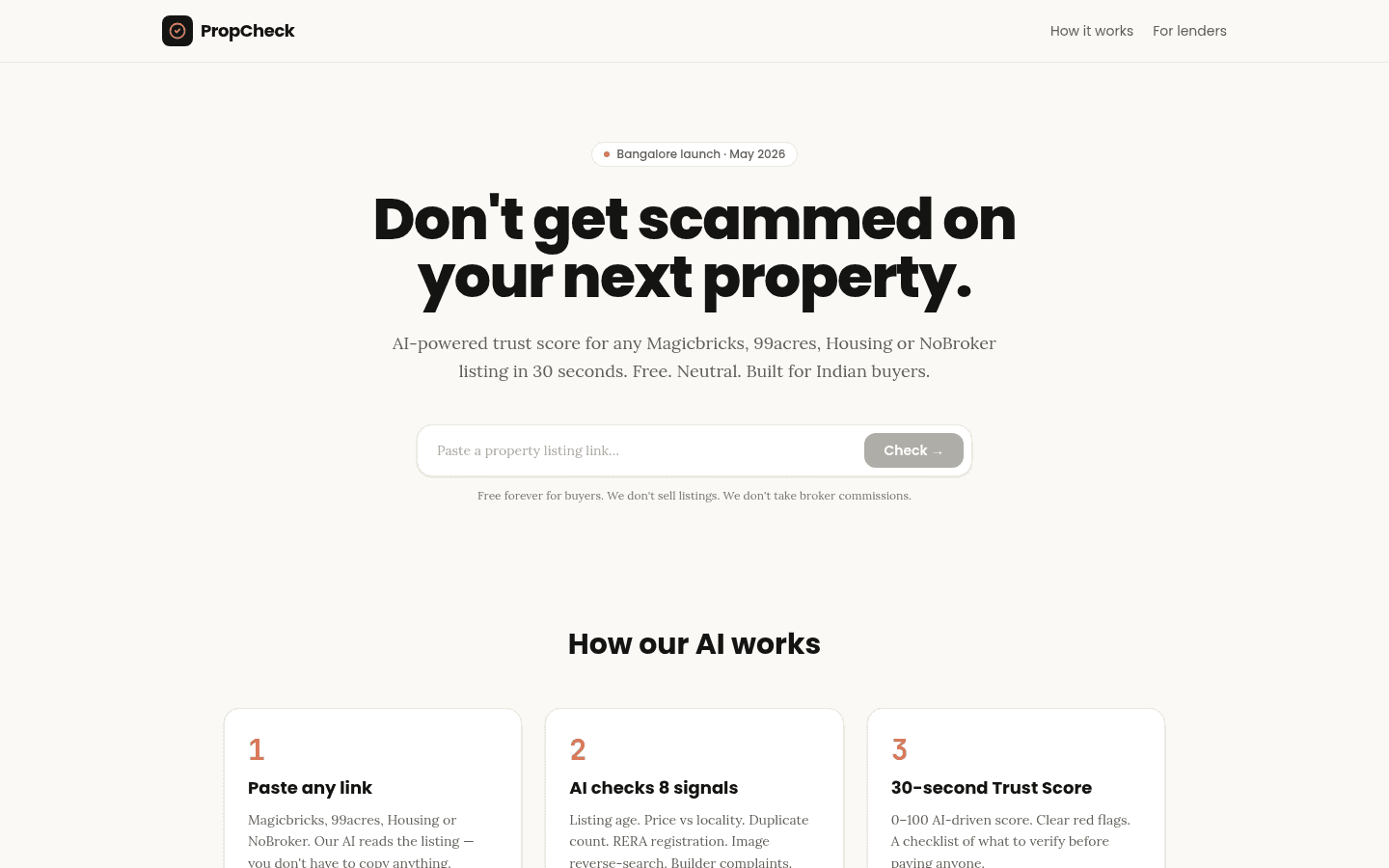 PropCheck — AI Property Trust Score for India - Landing — Don't get scammed on your next property