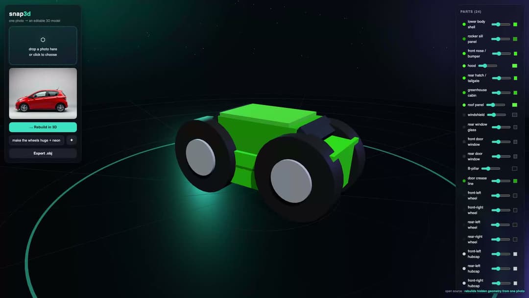snap3d — One Photo In, an Editable 3D Model Out