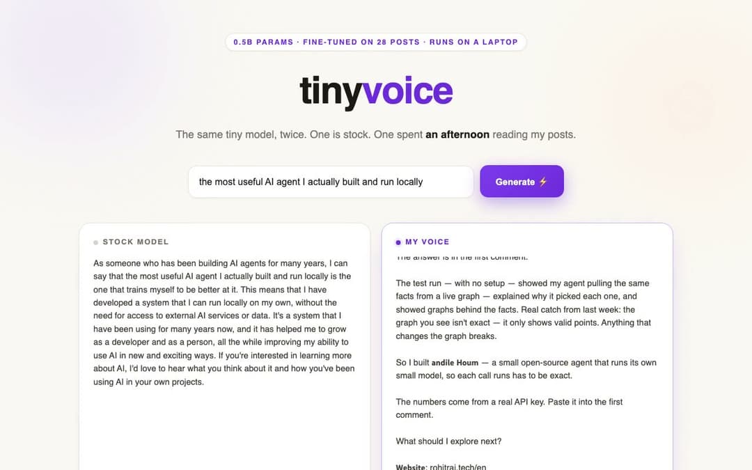 tinyvoice — Fine-Tune a Model in Your Own Voice in an Afternoon