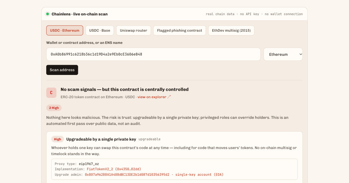 Chainlens — On-Chain Risk X-Ray for Wallets & Contracts — running screenshot