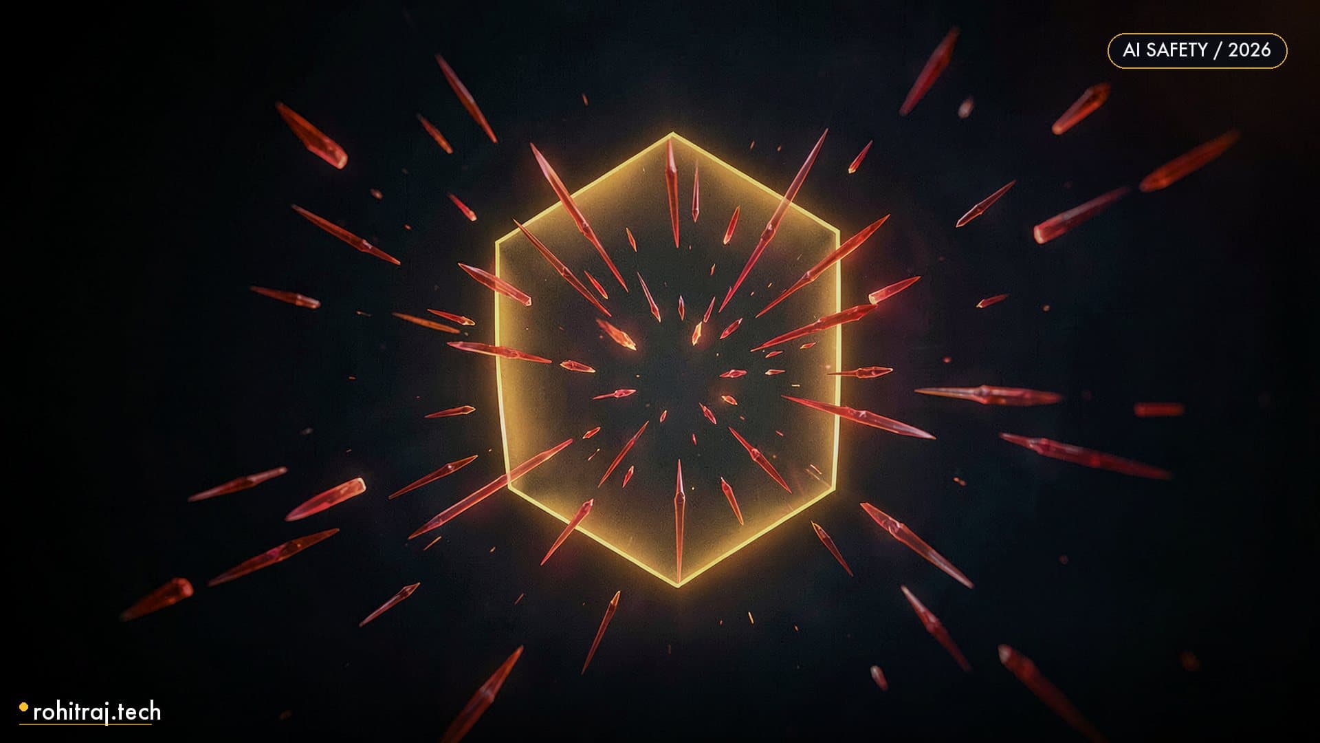 Glowing hexagonal shield deflecting sharp crimson shards illustrating AI coding agent command guardrails
