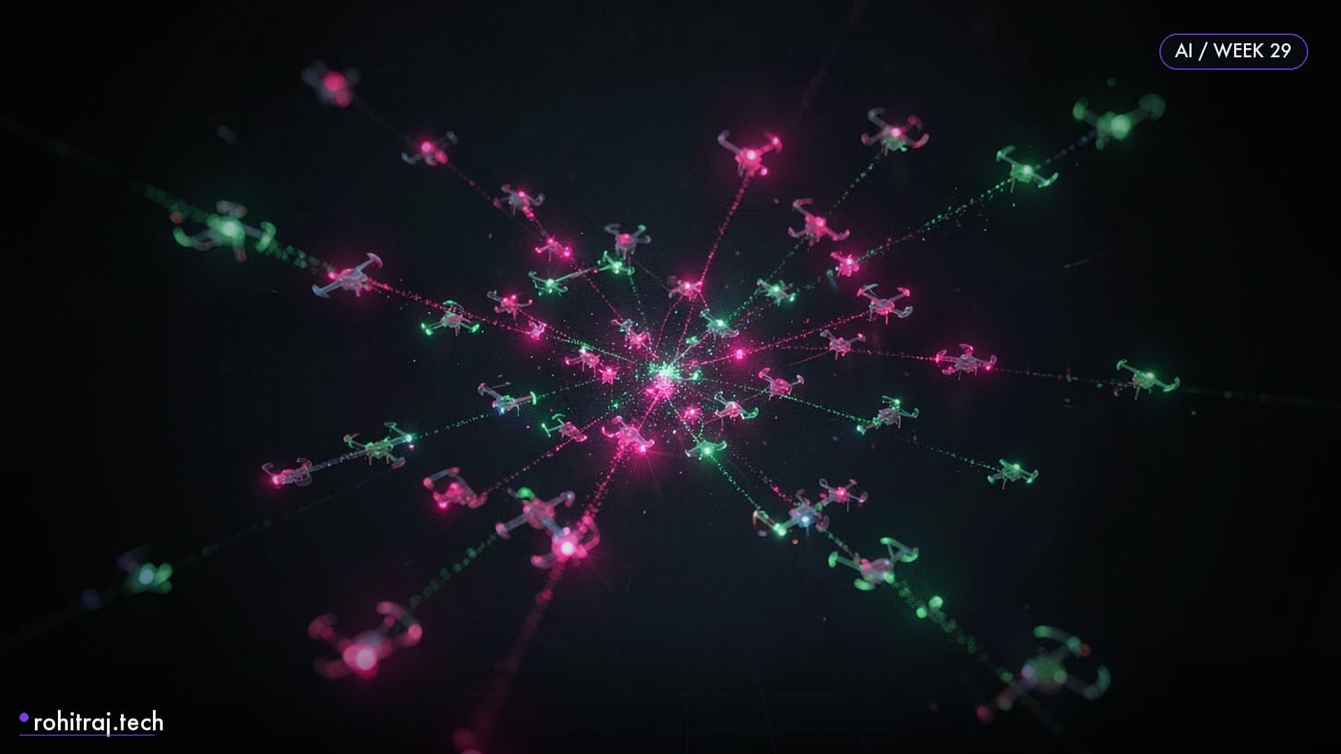 A luminous swarm of coordinated particles converging illustrating AI dev tools weekly roundup week 29 of 2026