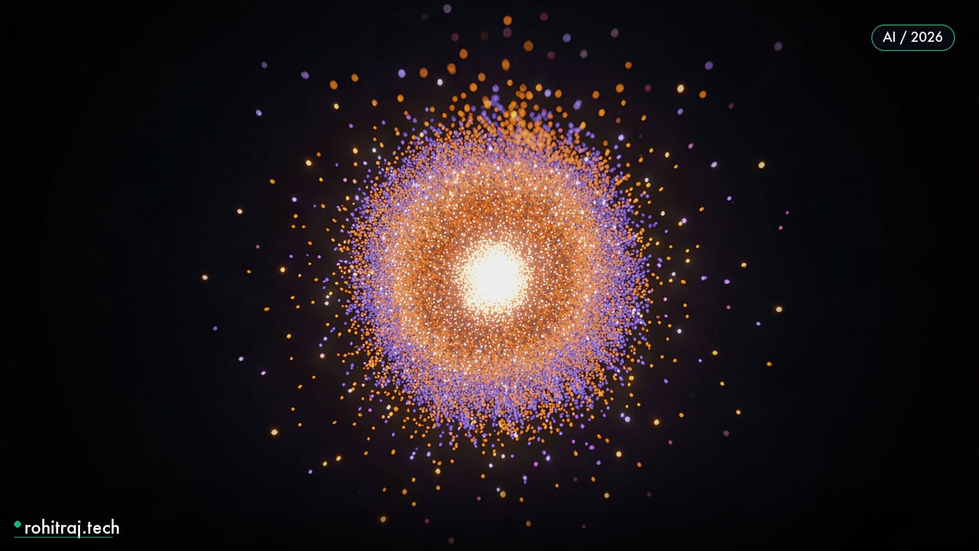 Swarm of luminous particles collapsing into one dense core illustrating AI model compression in week 32 of 2026