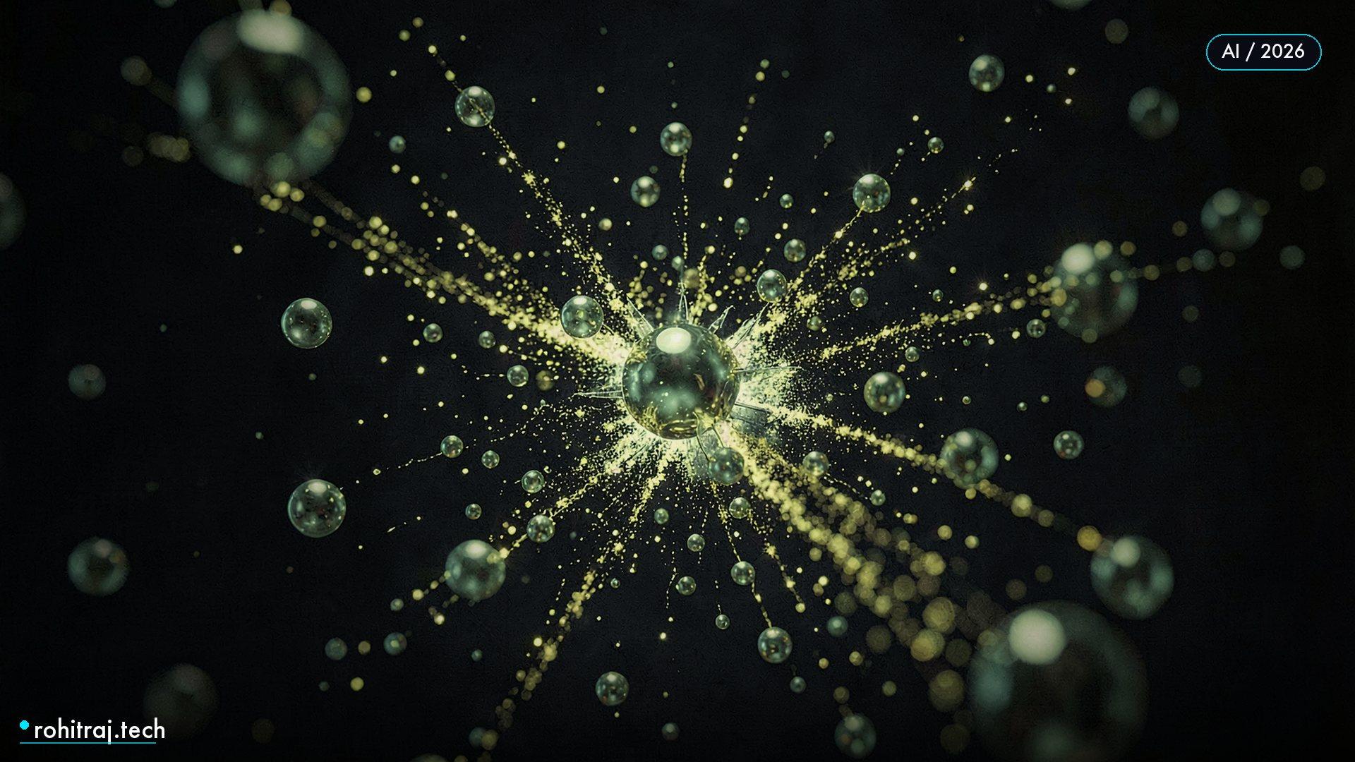Liquid-metal spheres fracturing into particle streams illustrating AI dev tool releases in week 33 of 2026