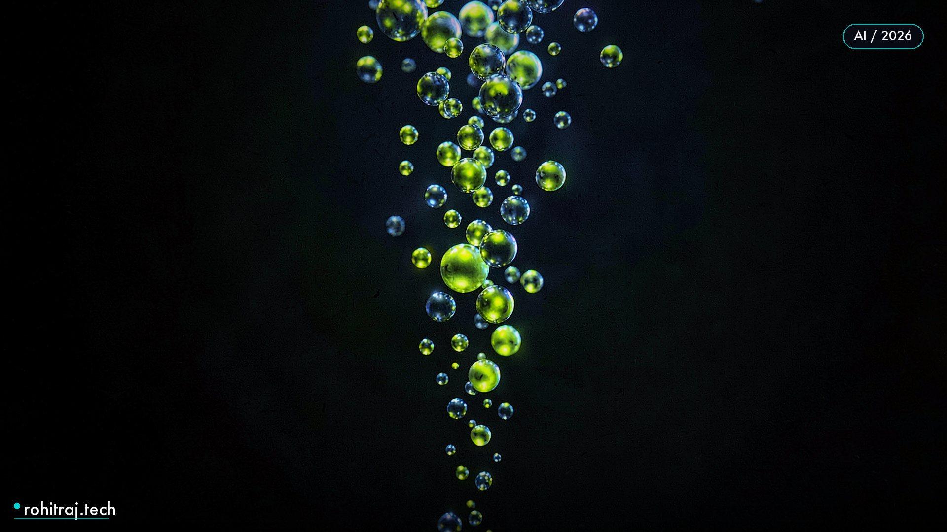 Descending cascade of glowing liquid-metal spheres illustrating the collapsing cost of frontier AI in 2026