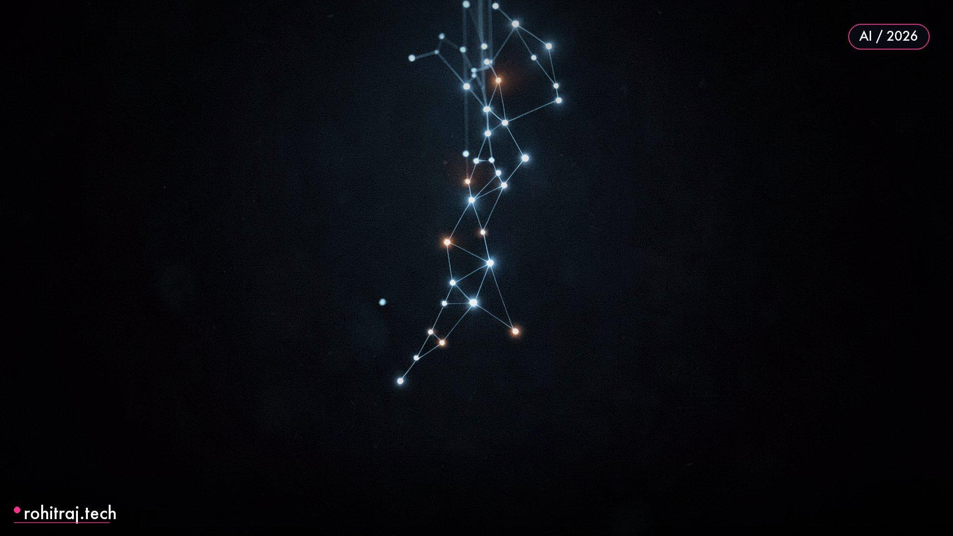 descending constellation of luminous nodes in dark space illustrating falling AI model costs in week 39 of 2026