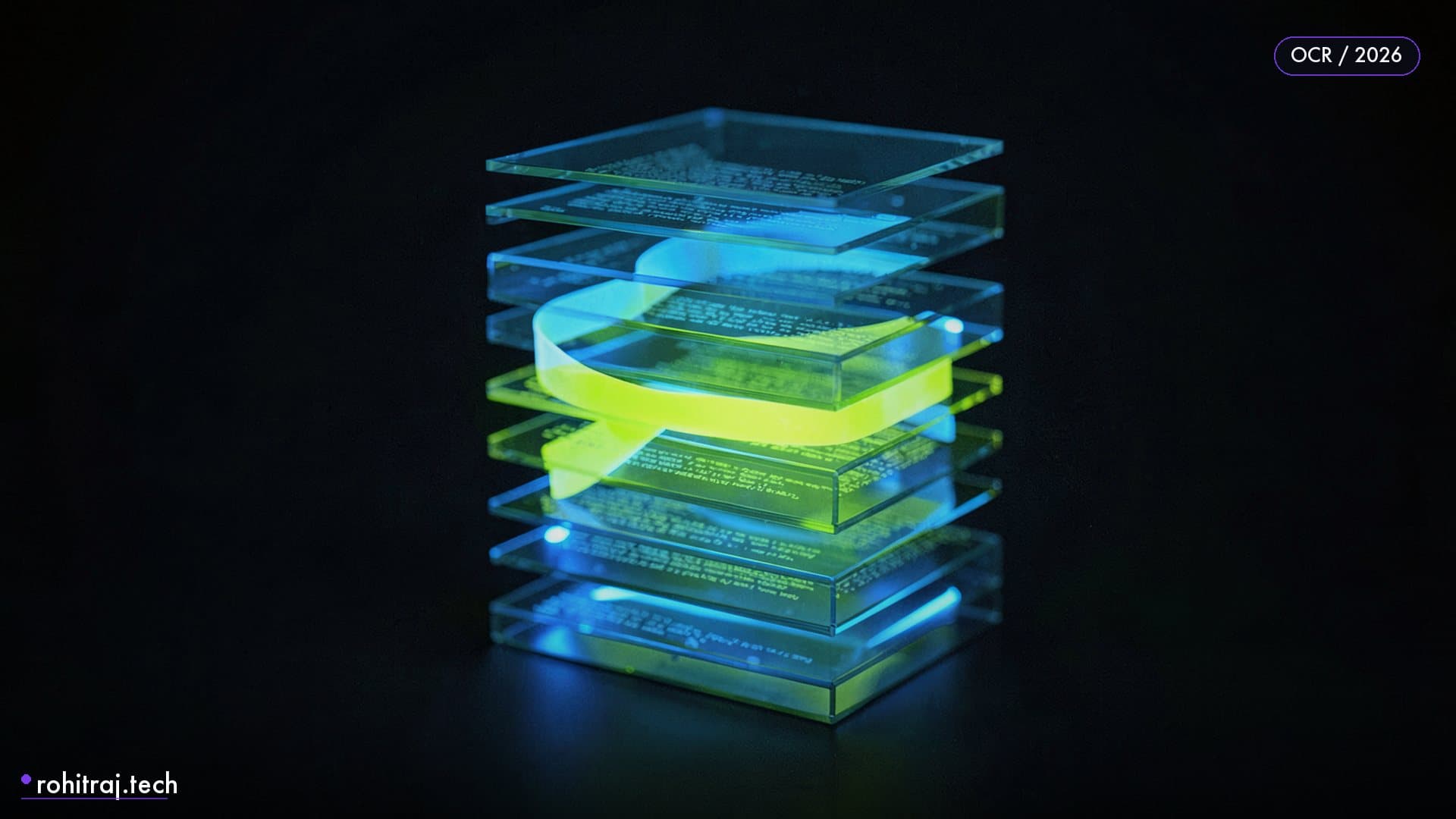 A luminous ribbon threading a stack of translucent glass sheets illustrating Baidu Unlimited-OCR long-document parsing