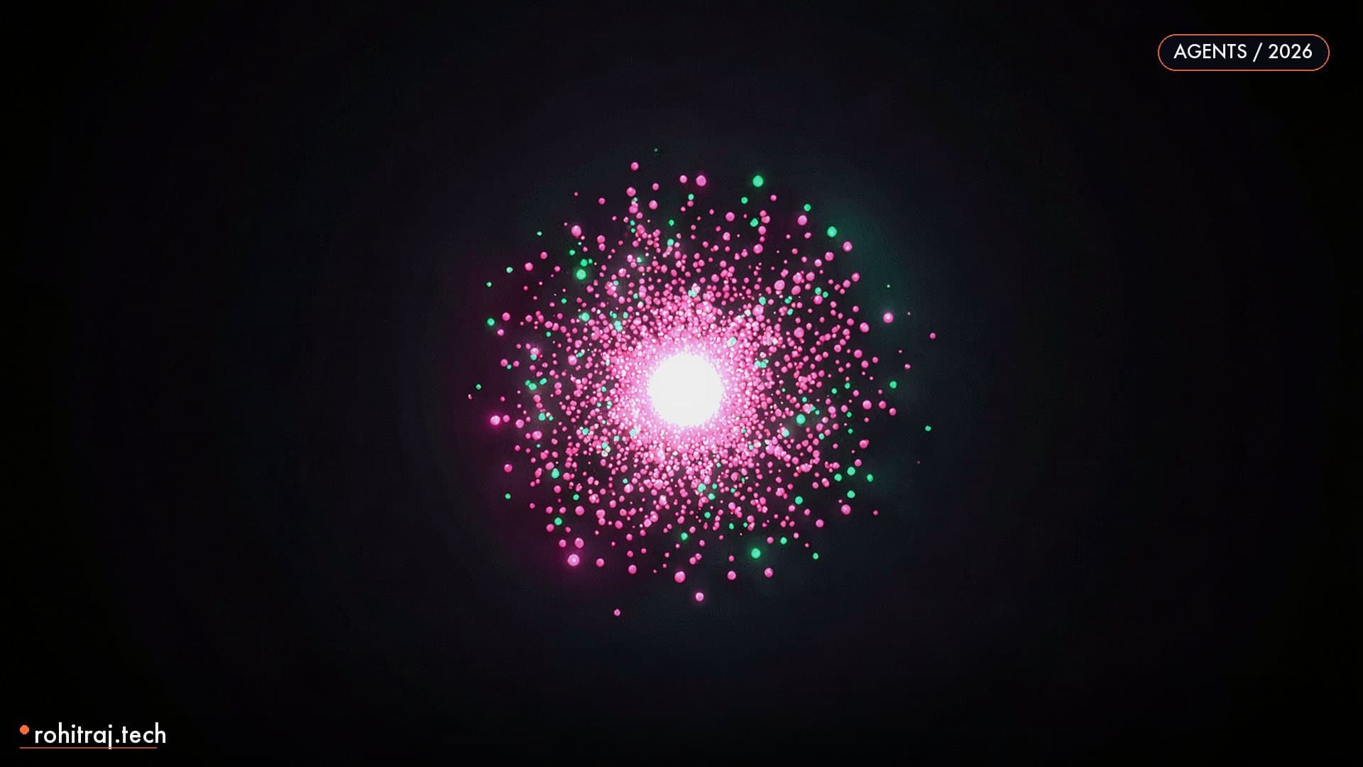 Glowing pink particle swarm converging into a luminous core illustrating self-hosted open-source deep research agents in 2026