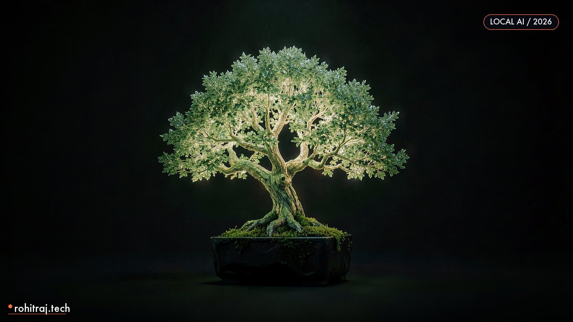 Glowing miniature bonsai grown from a crystalline chip illustrating Bonsai 27B ternary quantization on-device