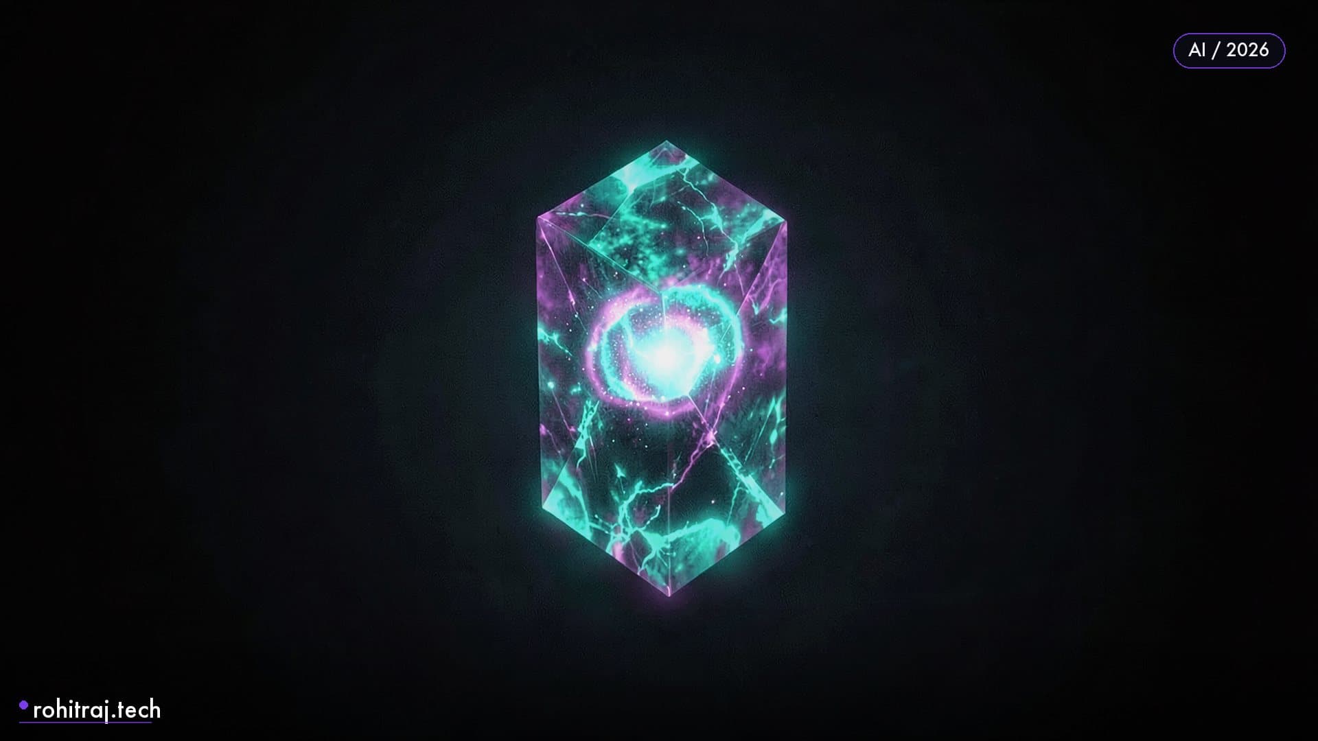 Glowing teal-violet crystalline monolith with a molten core on black illustrating the Claude Fable 5 model release