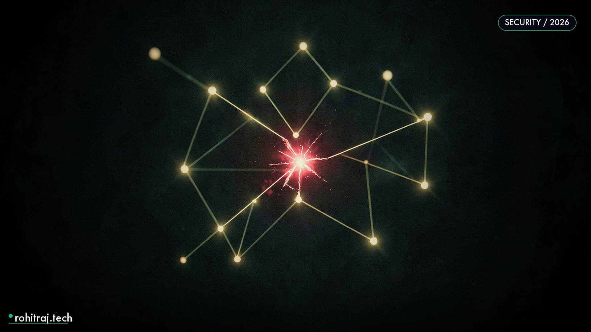 Constellation of glowing nodes with one fractured red node illustrating AI code security vulnerability scanning