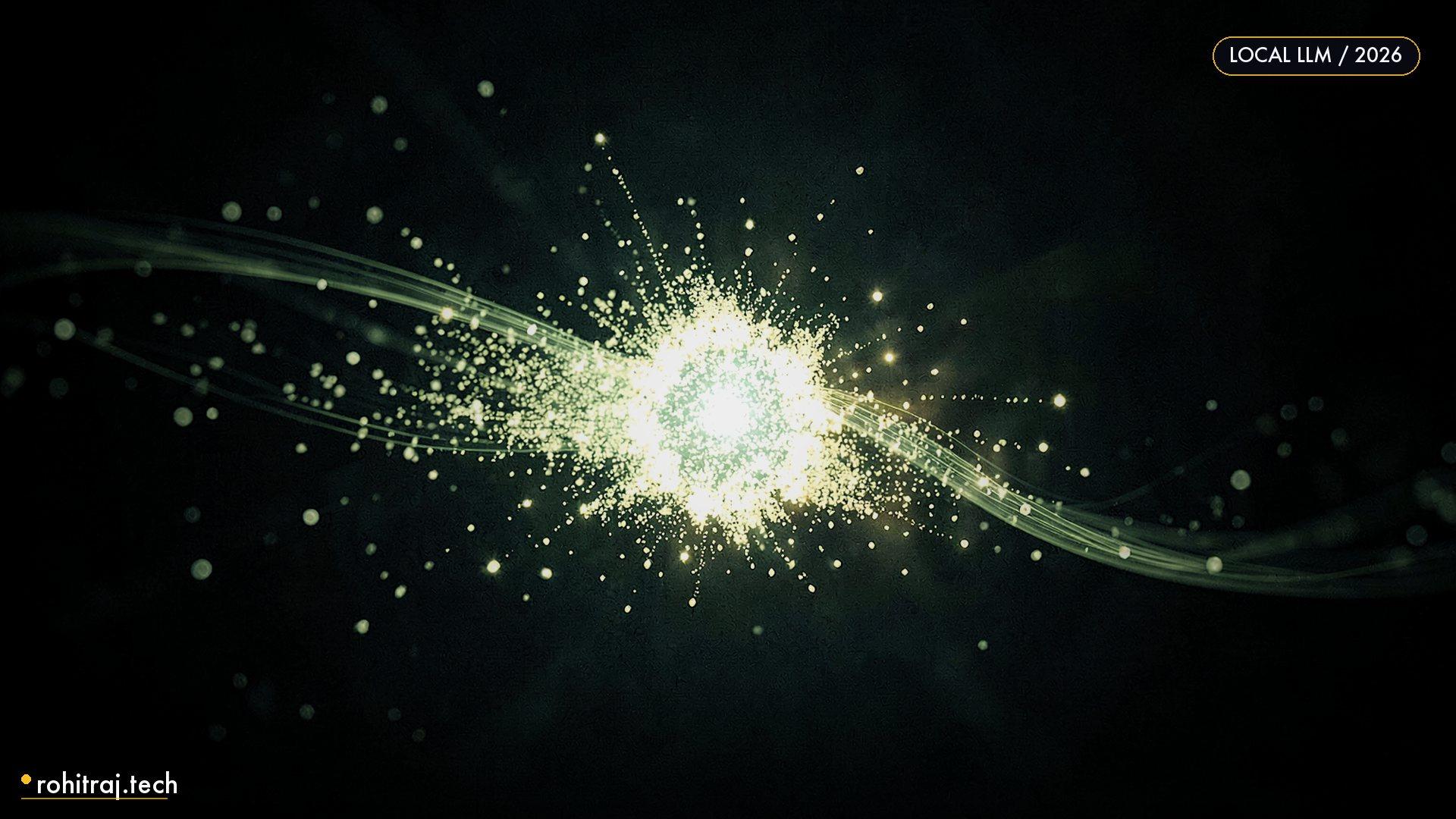 Swarm of luminous particles surging ahead of a dense glowing core illustrating DSpark speculative decoding for local LLM inference