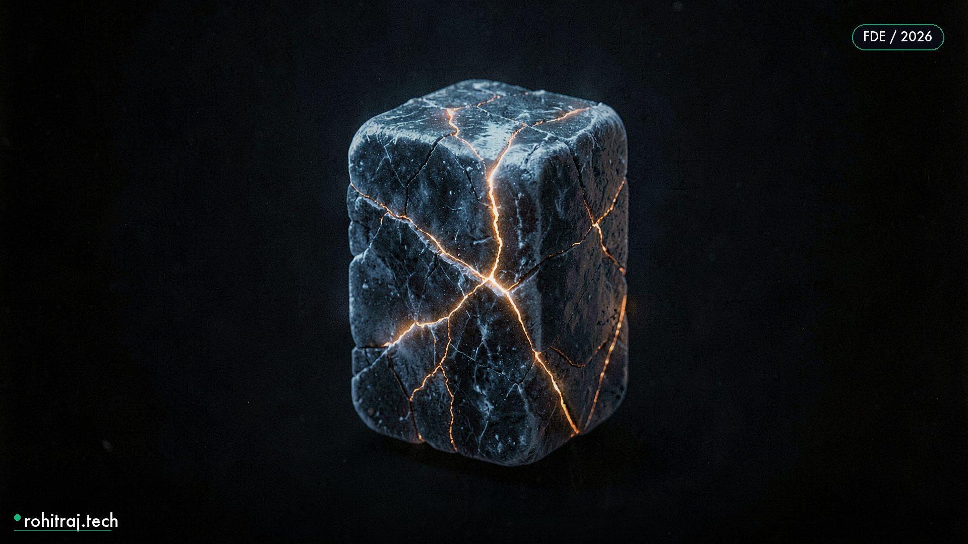 Abstract cracked monolith with glowing fissures illustrating fractional AI engineer vs full-time hire