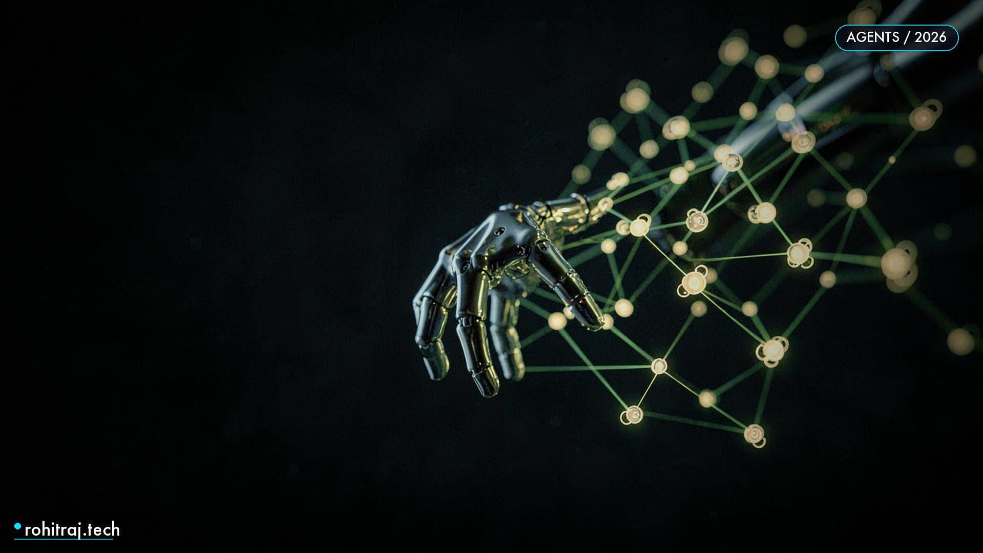 A liquid-metal robotic hand reaching toward glowing orbital nodes illustrating Gemini computer use controlling a browser
