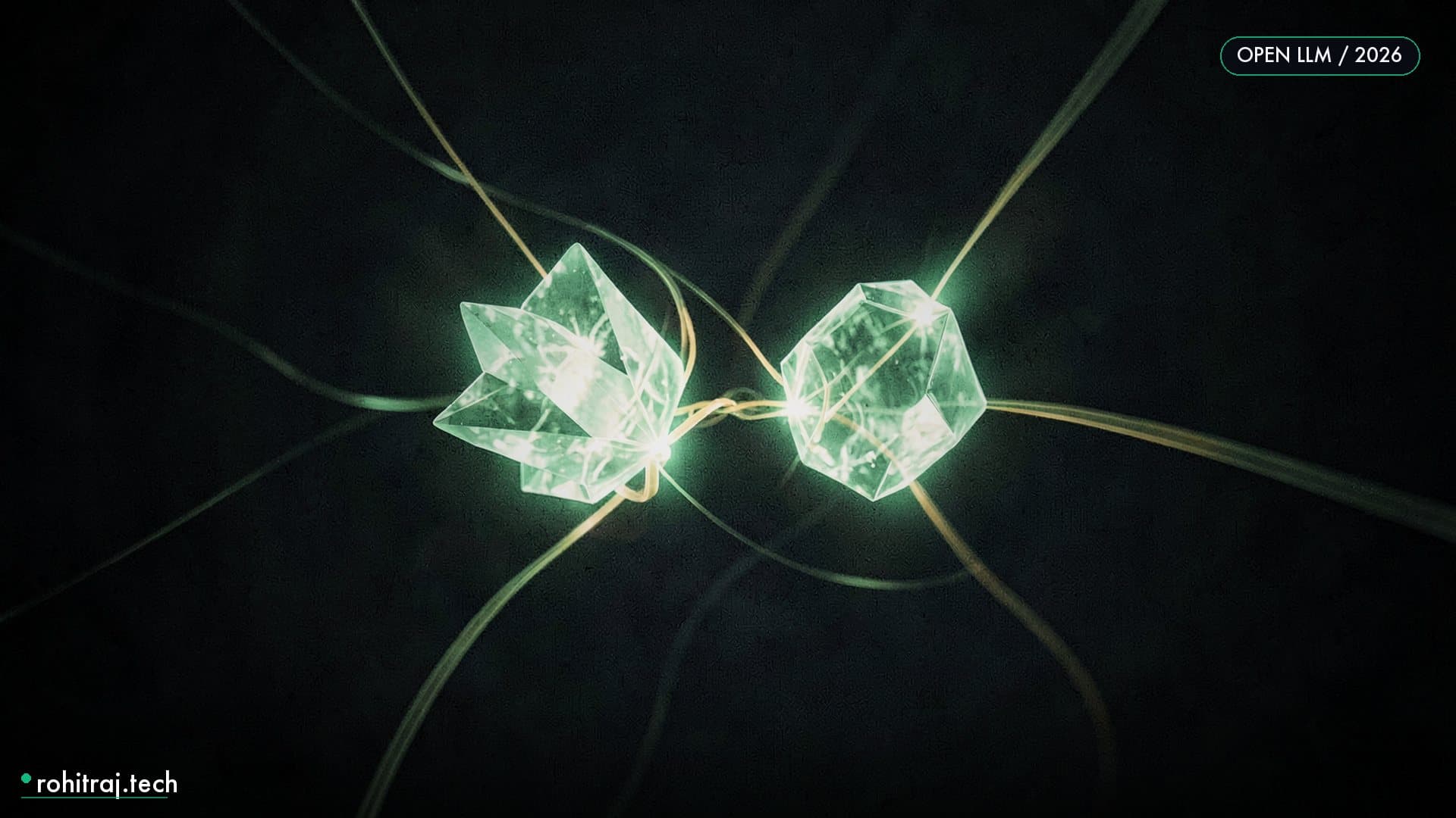 Two luminous crystalline cores of unequal size linked by glowing filaments illustrating GLM-5.2 vs Claude Opus coding agent comparison