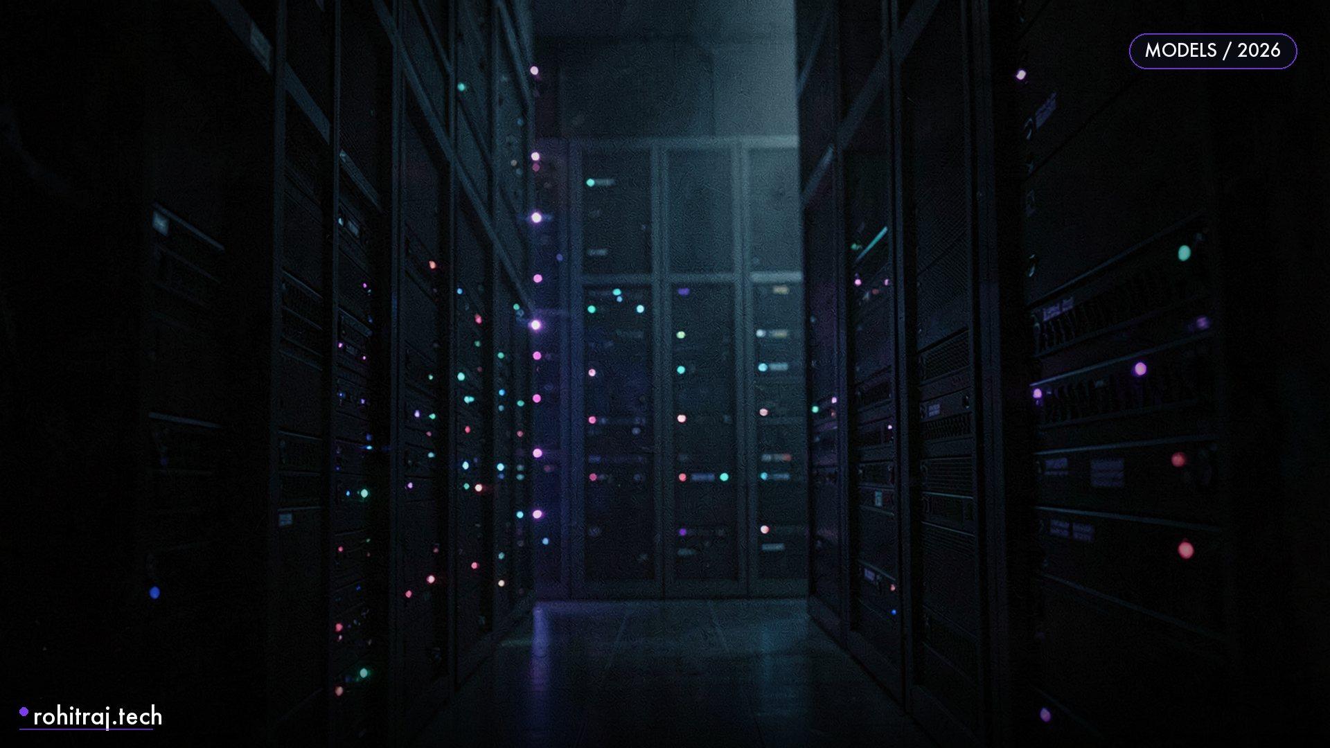 Dark canyon of server racks lit in teal illustrating open-weights Jev alternatives and decision models