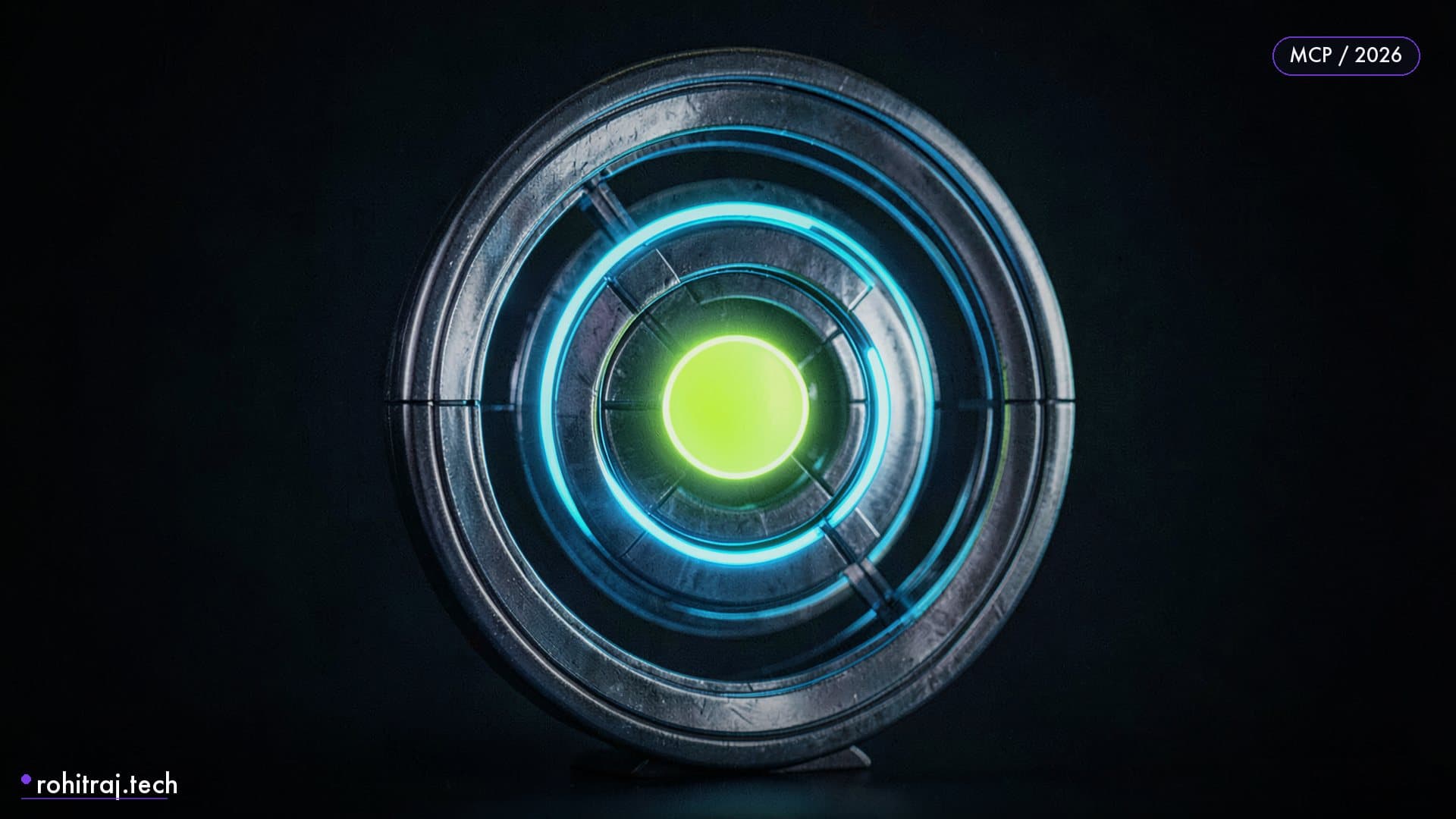 A glowing fortified portal of interlocking metal rings guarding a core illustrating MCP server authentication and OAuth in 2026