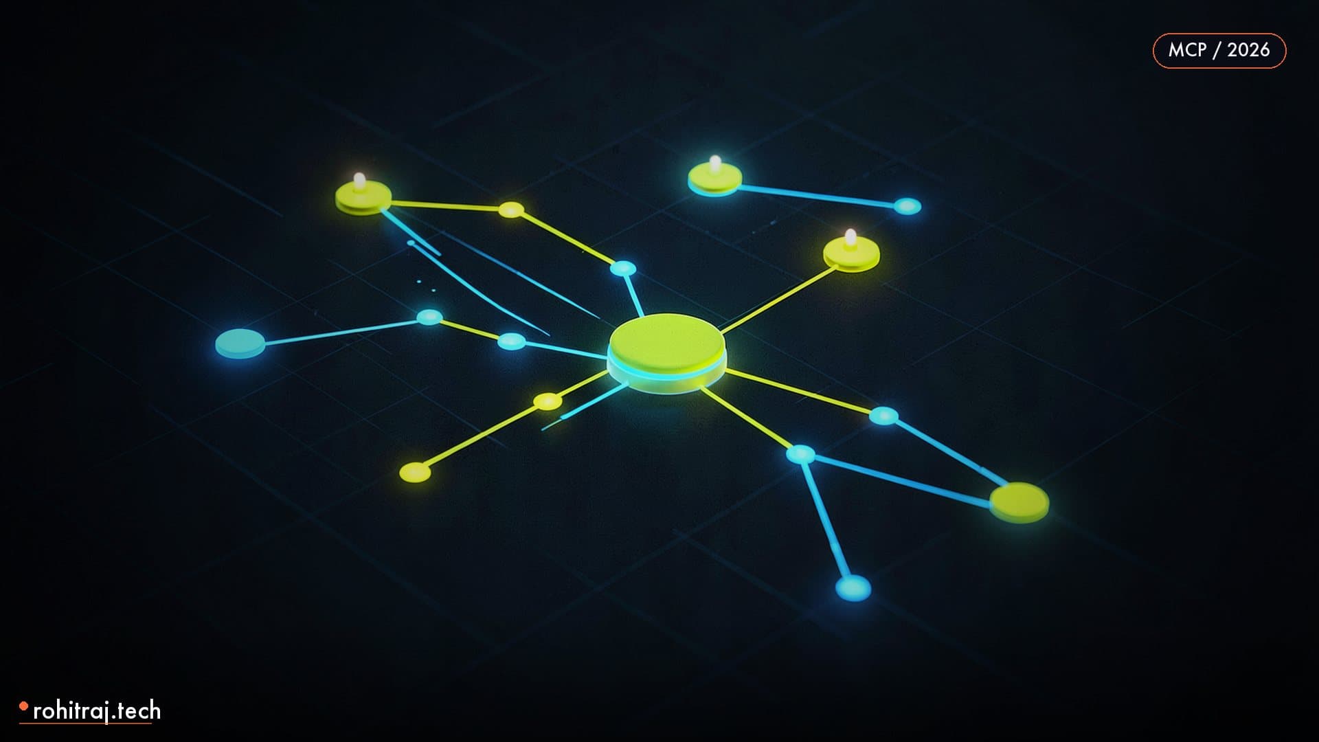 Constellation of glowing server nodes passing light packets freely on a dark grid illustrating MCP stateless spec migration 2026