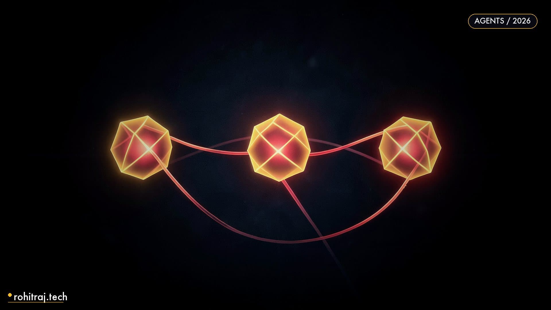 Three glowing geometric cores of different shapes linked by light filaments illustrating Microsoft Agent Framework vs LangGraph vs CrewAI comparison