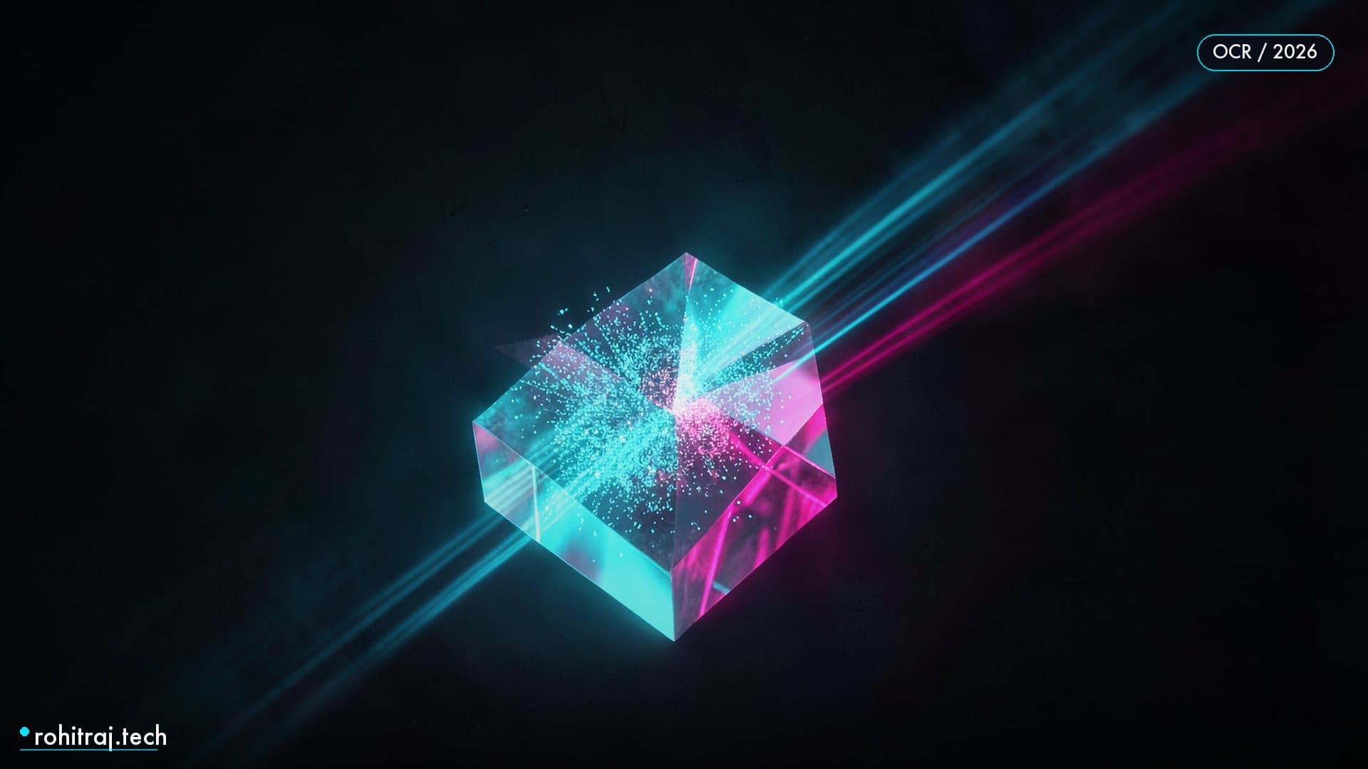 A radiant prism refracting a particle swarm into ordered streams illustrating Mistral OCR 4 document extraction vs Textract