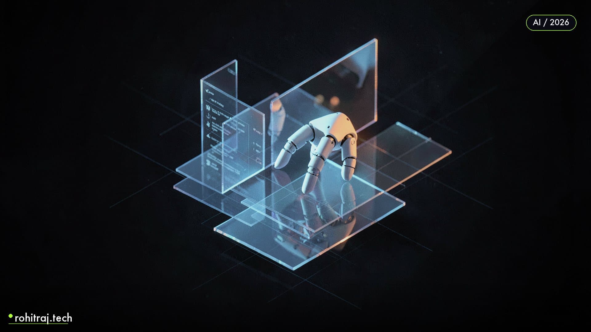 A luminous robotic hand arranging floating translucent glass document panels, illustrating an AI agent editing Office files with OfficeCLI in 2026