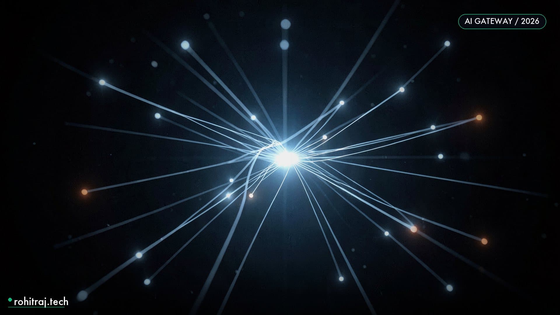 A luminous hub radiating glowing fiber strands to distant nodes illustrating the OmniRoute open-source AI gateway routing to many providers
