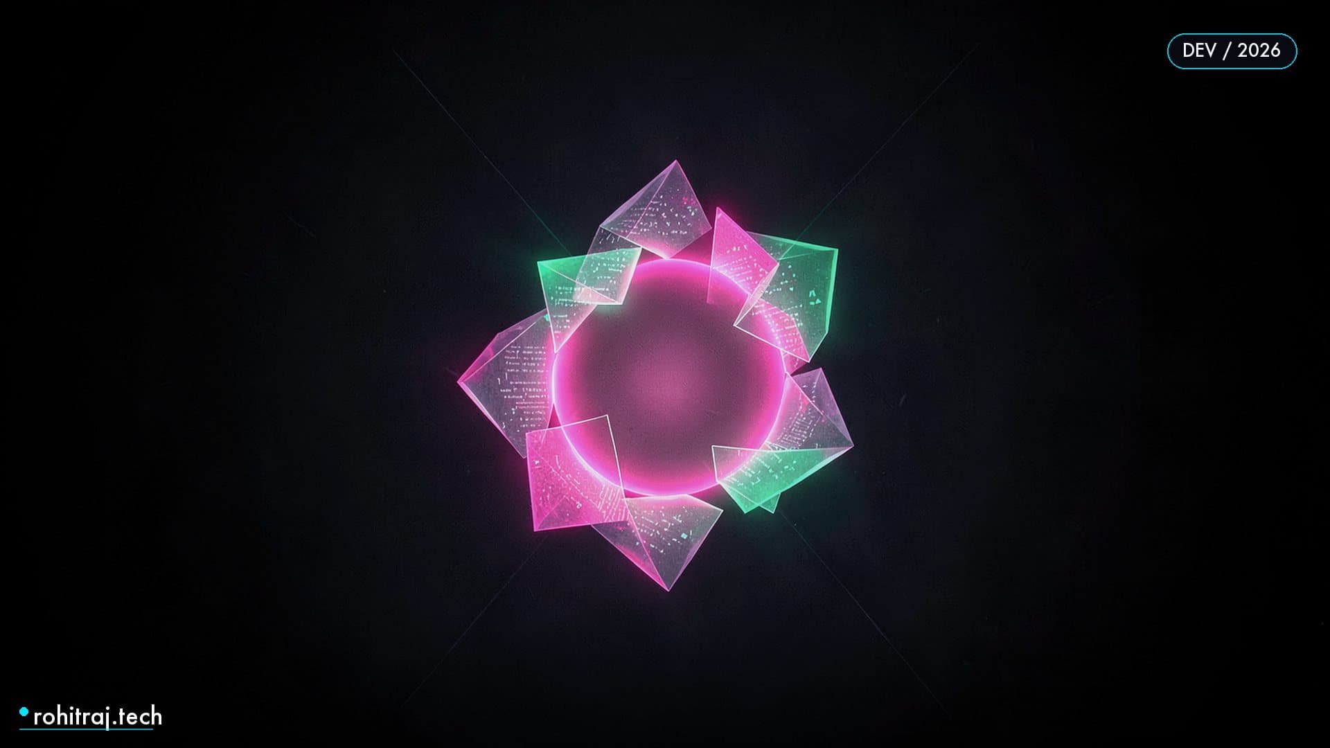 Glowing pink core orbited by translucent geometric shards illustrating the OpenCode open-source AI coding agent