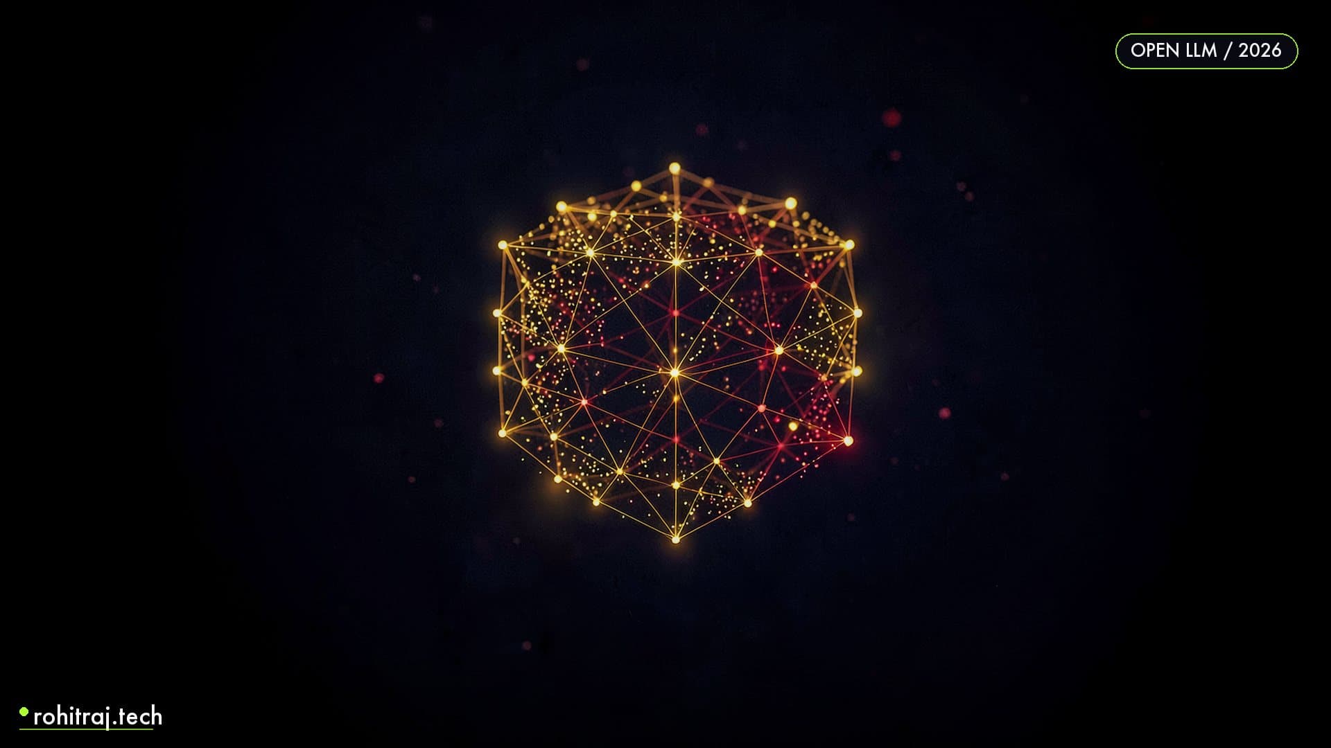 Luminous 3D lattice scaffold assembling itself from glowing particles illustrating the Ornith-1.0 self-improving open-source coding model in 2026