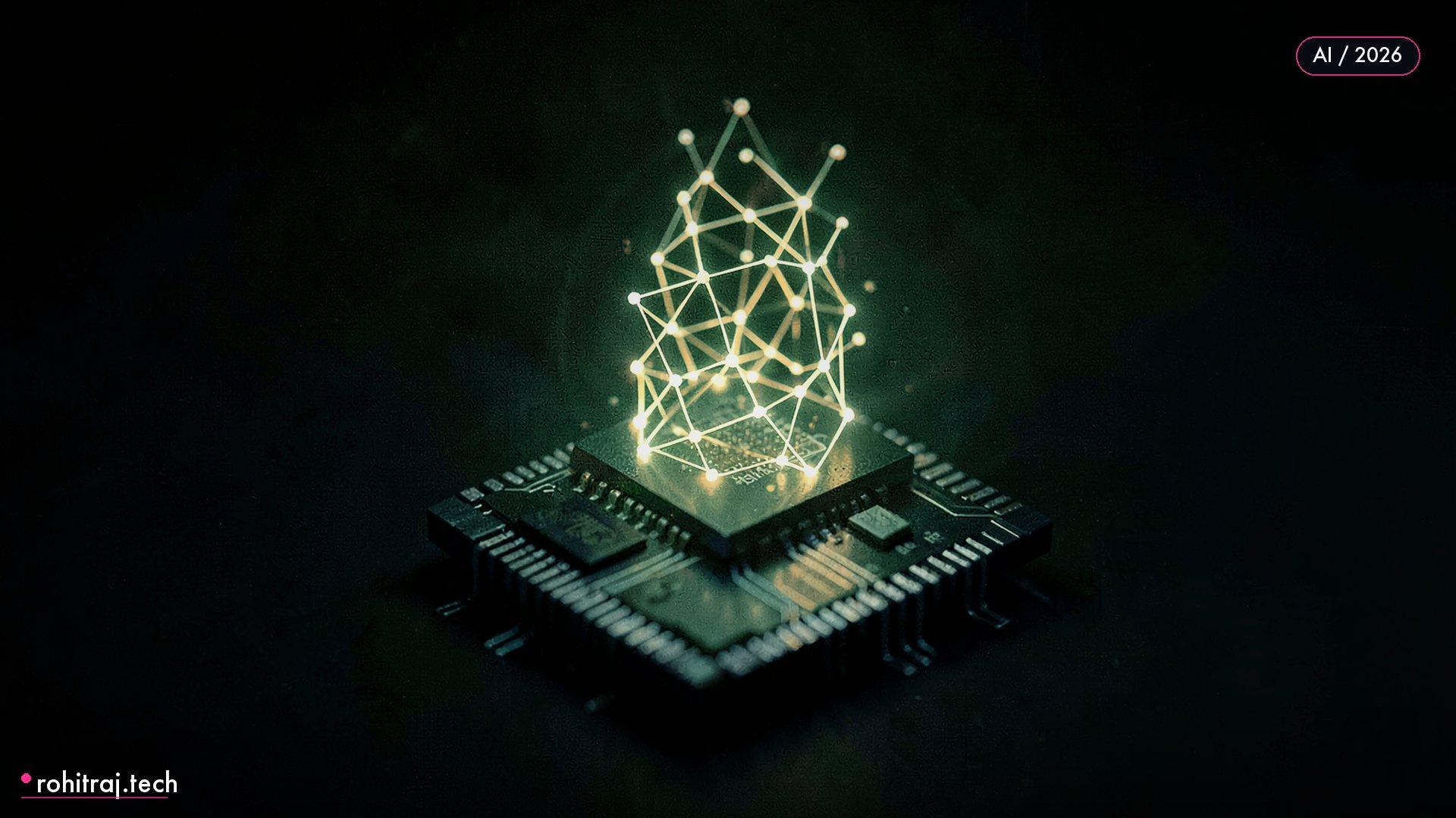 Glowing silicon chip with a neural lattice rising from it illustrating the Qwen3.8-27B local coding agent setup