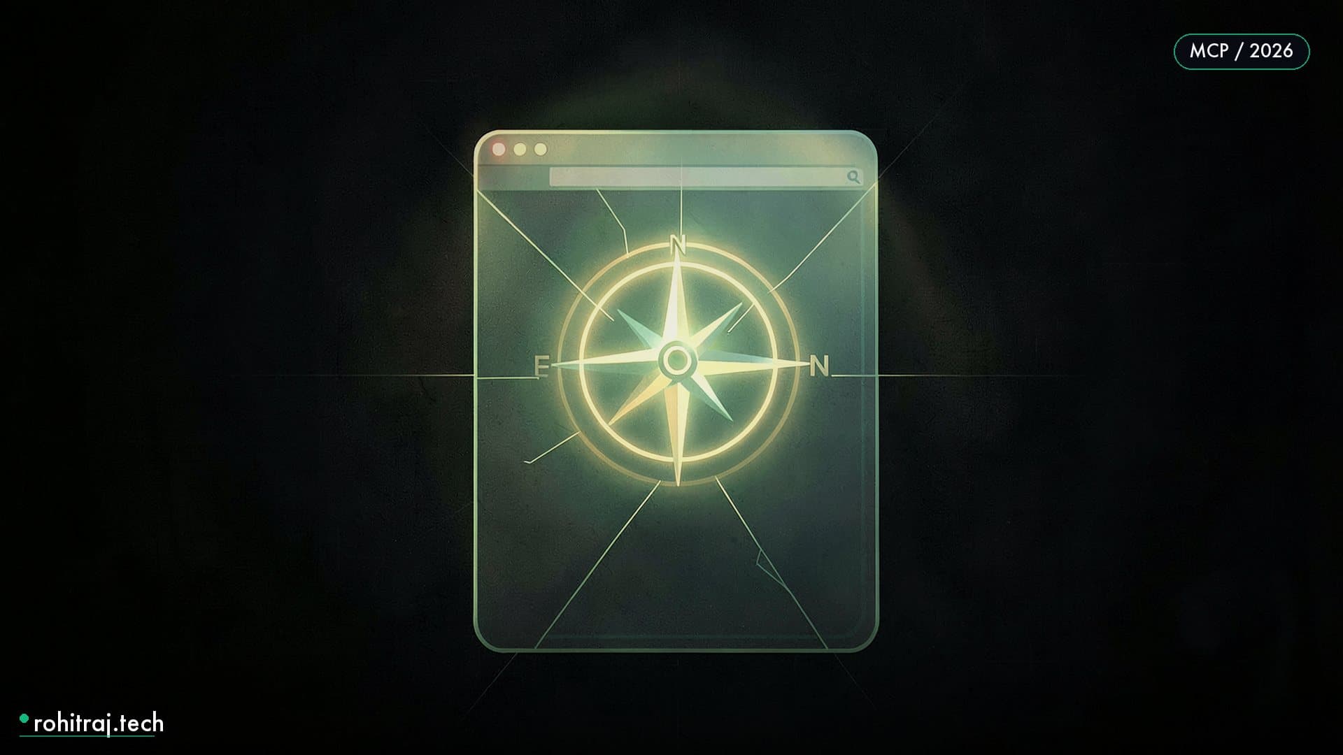 Glowing compass rose over a fractured glass pane illustrating Safari MCP server browser debugging