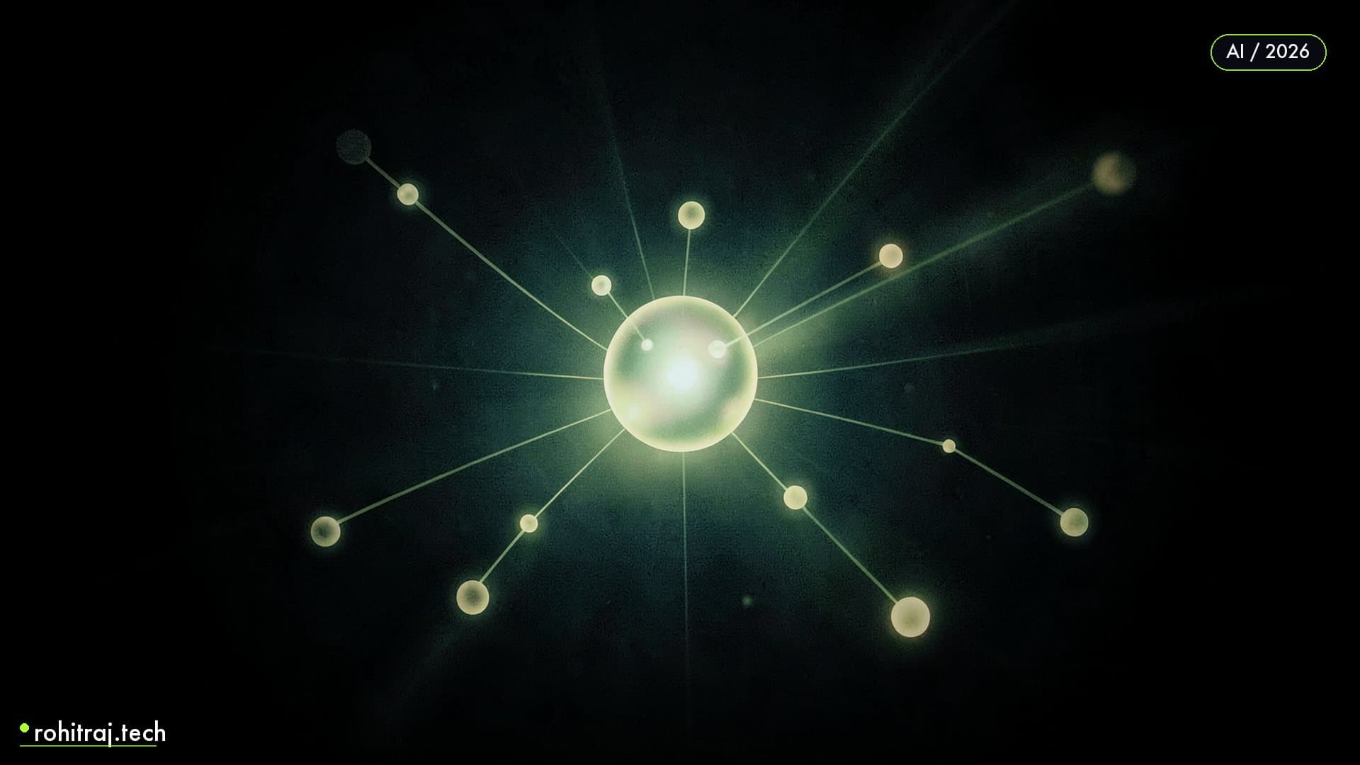 A luminous central orb conducting light streams to orbiting nodes illustrating Sakana Fugu multi-LLM orchestration model