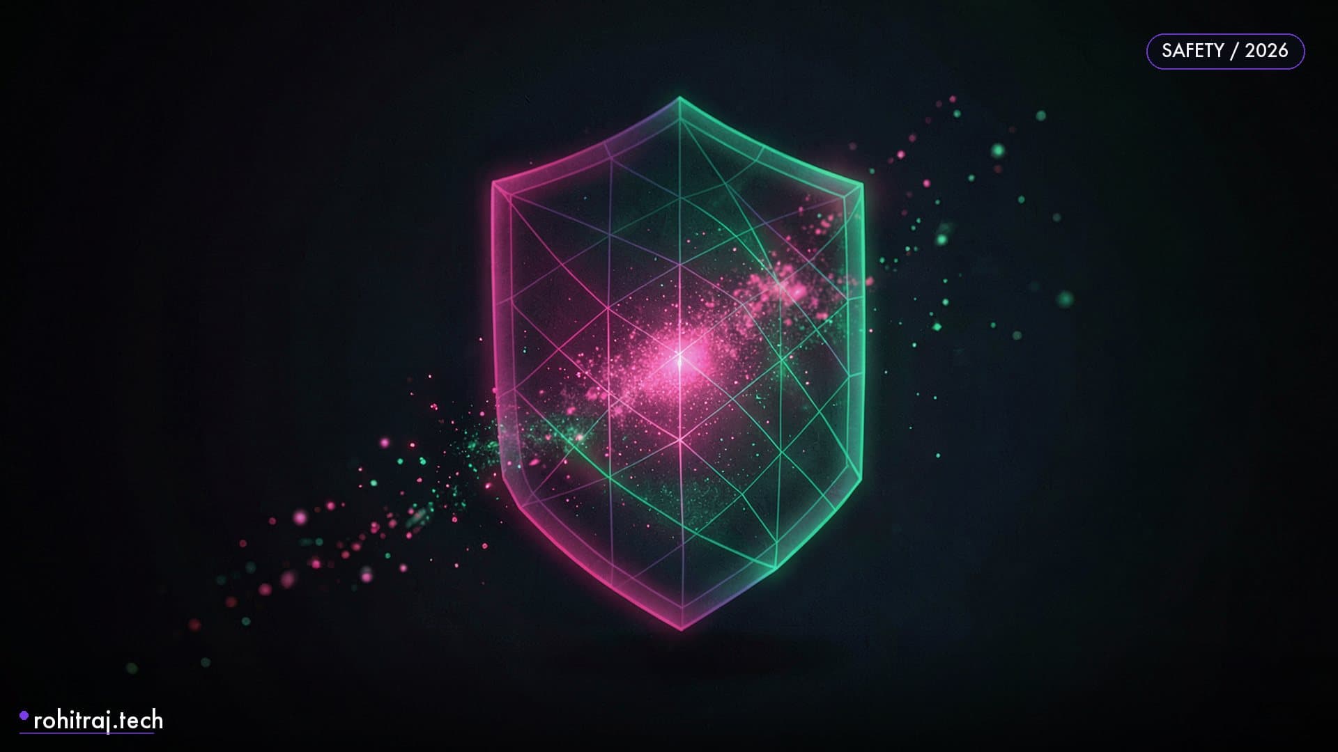 Glowing shield-shaped lattice guarding a data stream illustrating self-hosted AI content moderation