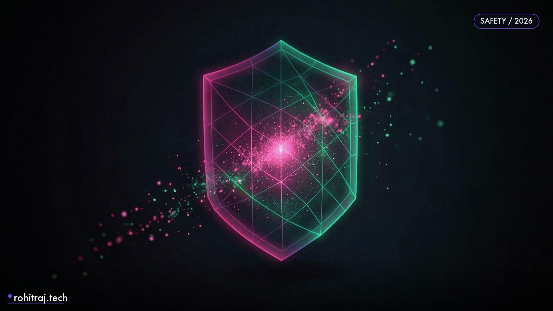 Glowing shield-shaped lattice guarding a data stream illustrating self-hosted AI content moderation