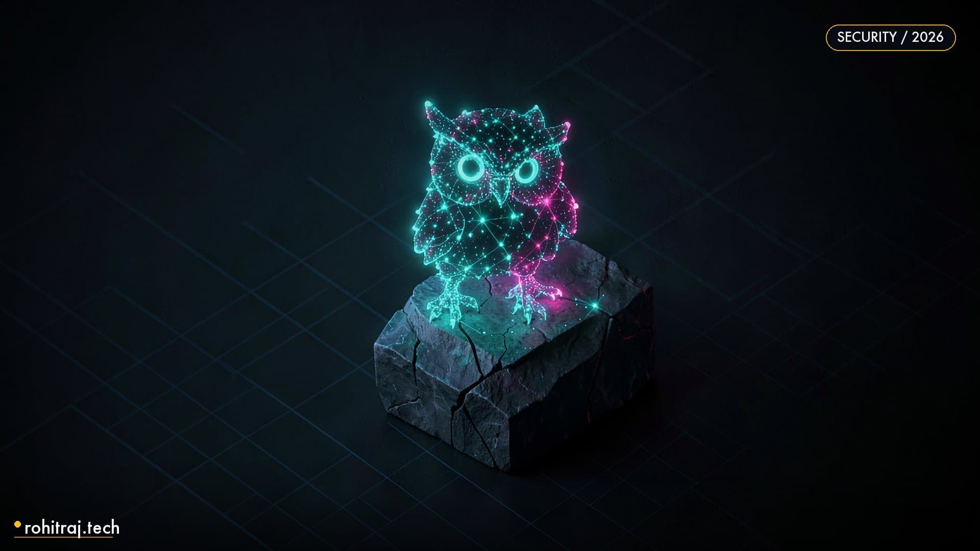 Glowing owl-form constellation of nodes probing a dark fractured monolith illustrating Strix AI penetration testing