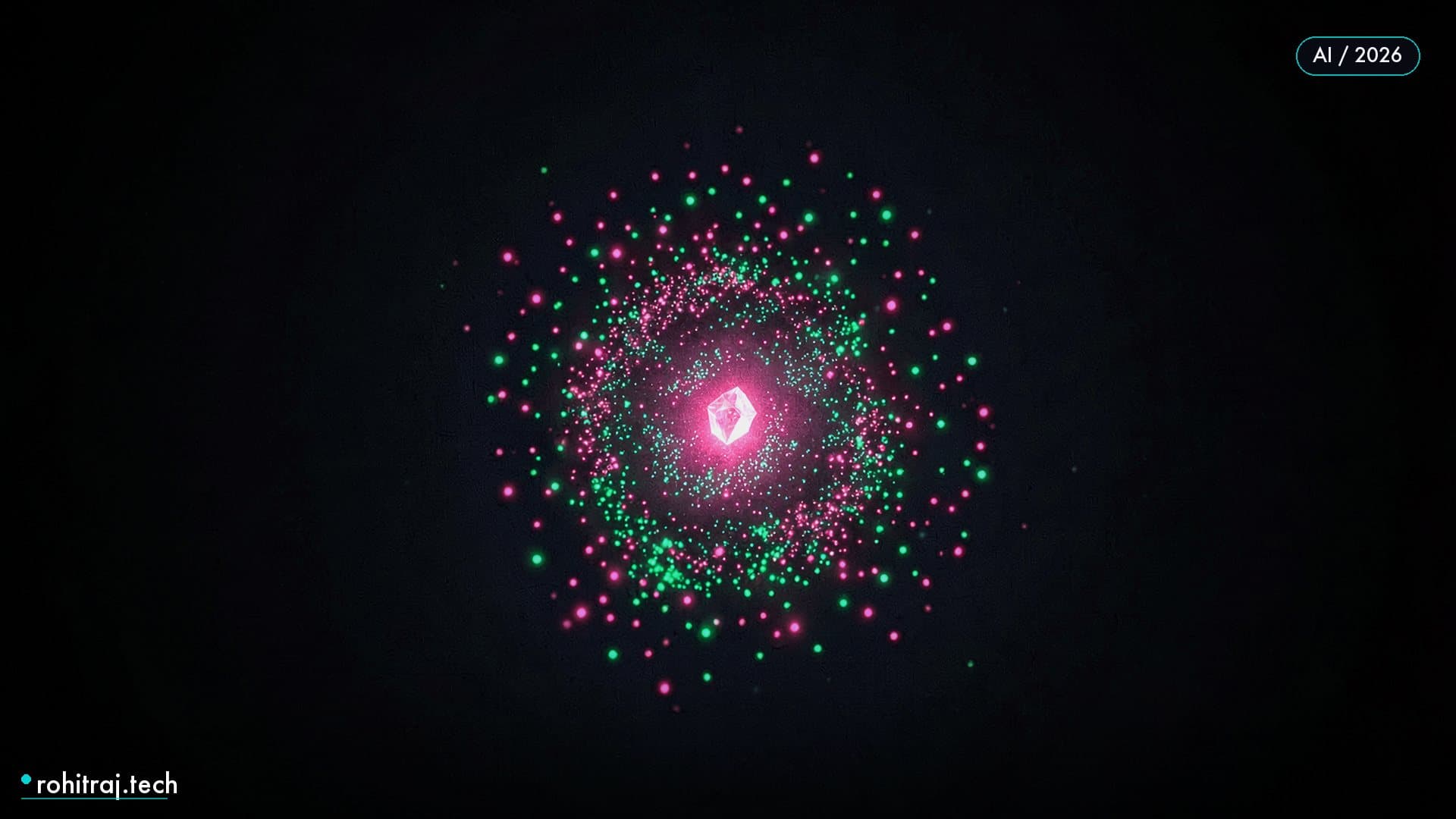 A tiny radiant crystalline core emitting an enormous particle constellation illustrating VibeThinker-3B small reasoning model