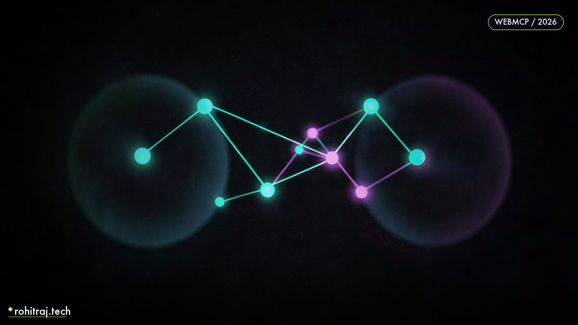 A constellation of luminous nodes bridging two glowing orbs illustrating WebMCP browser agent tools in 2026