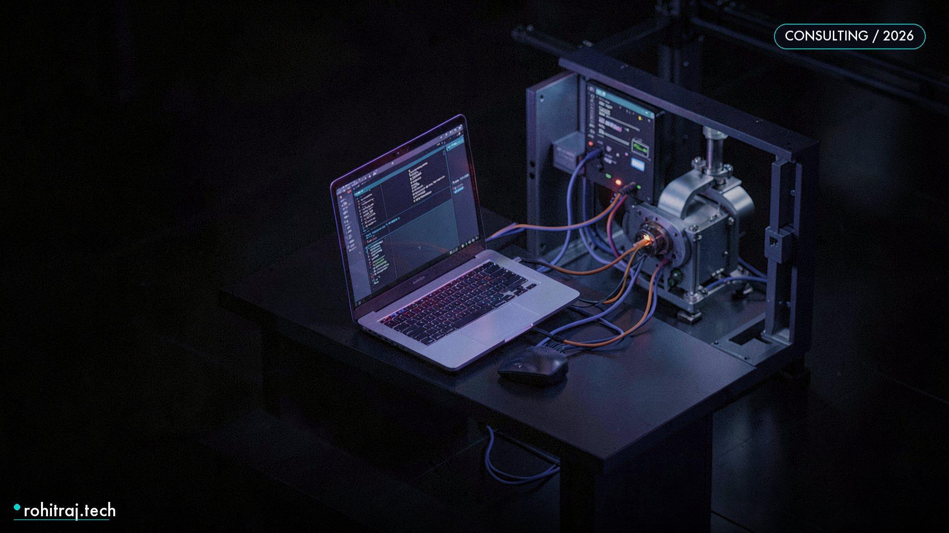 Isometric render of an engineer workstation wired directly into a client control room, illustrating what a forward deployed engineer does