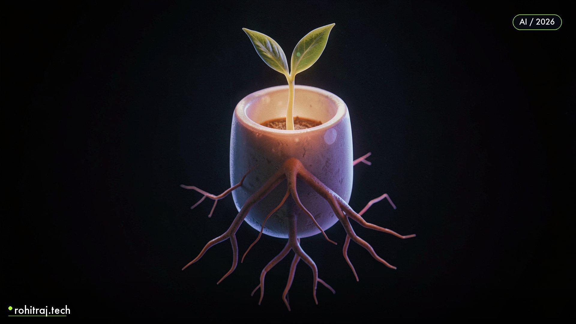 A luminous seed with branching roots illustrating the path from an AI pilot to production